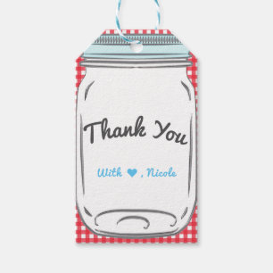 Étiquettes-cadeau Gingham Rouge et Pot Mason Bleu Cadeau de Thème Ca