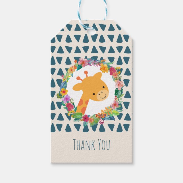 Étiquettes-cadeau Girafe mignonne avec une couronne fleurieMerci (Devant)