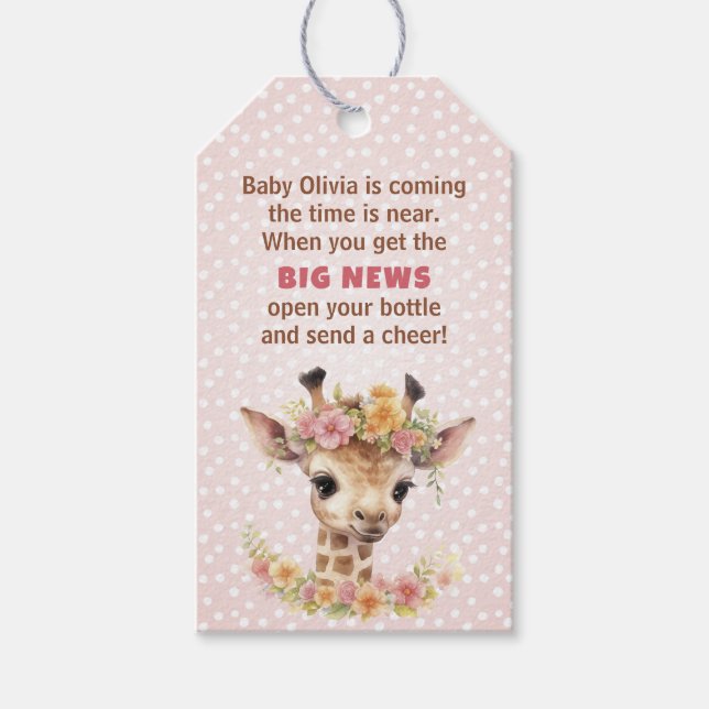Étiquettes-cadeau Girafe rose bébé fille Safari douche bouteille Fav (Devant)