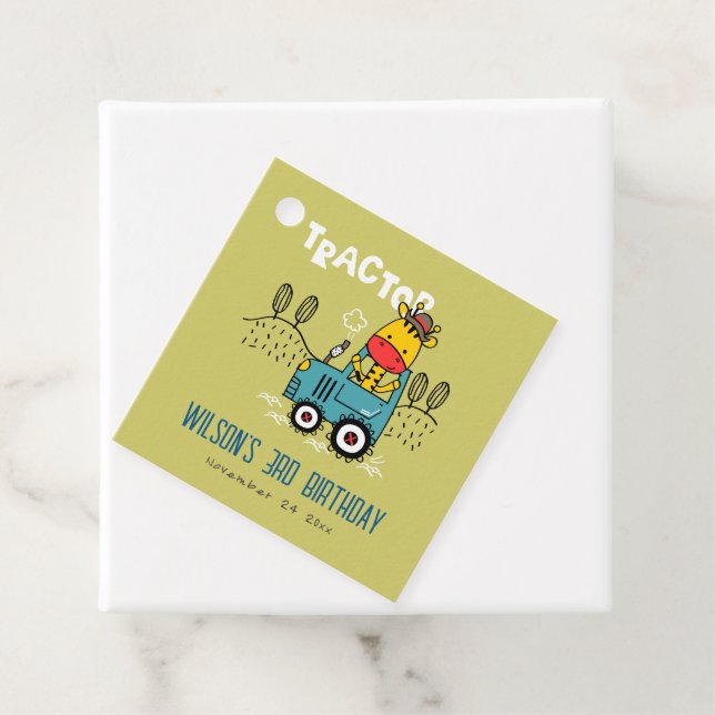 Étiquettes Cadeau Giraffe Verte Lumineuse Dans Ferme Tracteur Garçon (En situation)