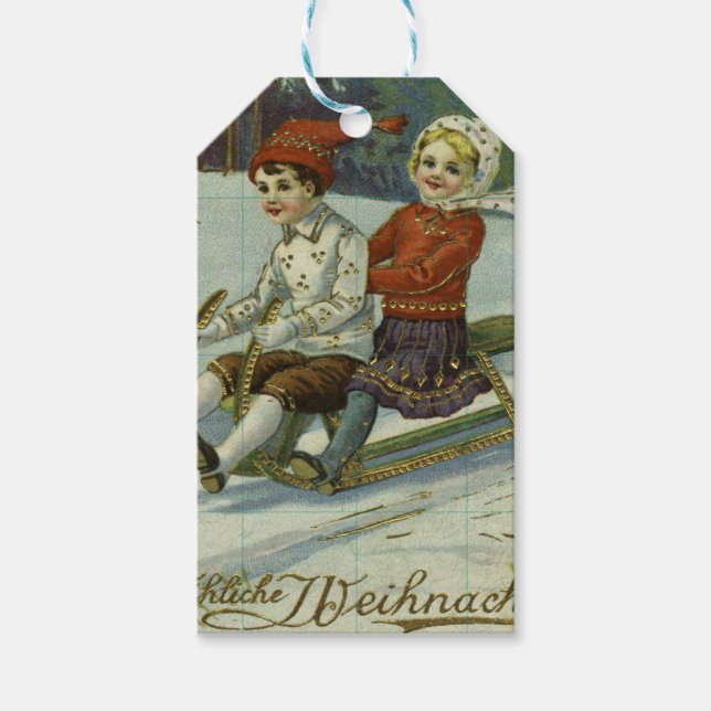 Étiquettes-cadeau Girl and boy enjoy a sleigh ride illustration (Devant)