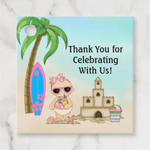 Étiquettes Cadeau Girl Beach Baby Sandcastle, Baby shower Surfboard