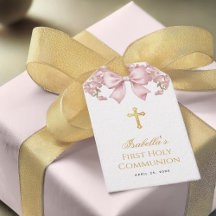 Girl First Communion Pink Floral Bow & Gold Cross