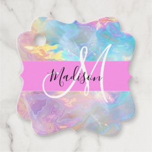 Étiquettes Cadeau Girl Rainbow Holographic Iridescente Monogramme No