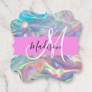 Étiquettes Cadeau Girl Rainbow Holographic Iridescente Monogramme No