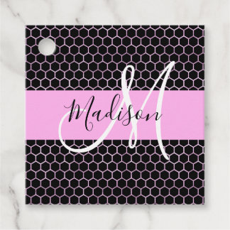 Étiquettes Cadeau Glam Black Metallic Rose Honeycomb Nom du monogram