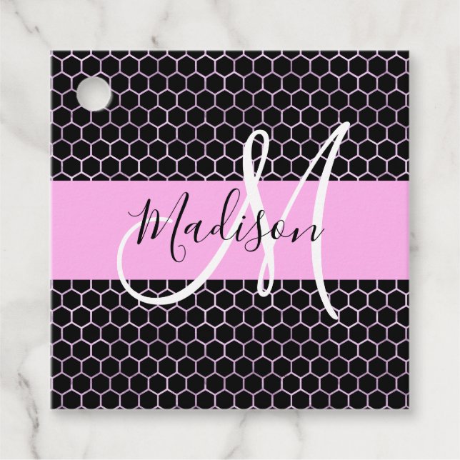 Étiquettes Cadeau Glam Black Metallic Rose Honeycomb Nom du monogram (Devant)