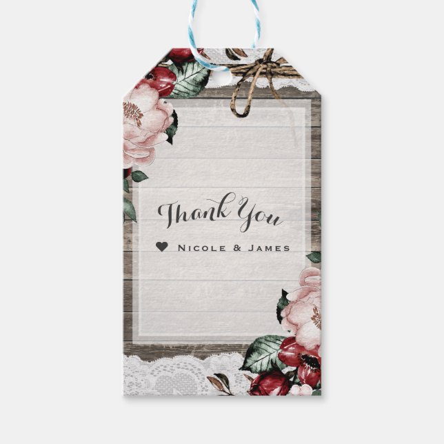 Étiquettes-cadeau Glam Floral Rustic Wood & Lace Barn Mariage (Devant)