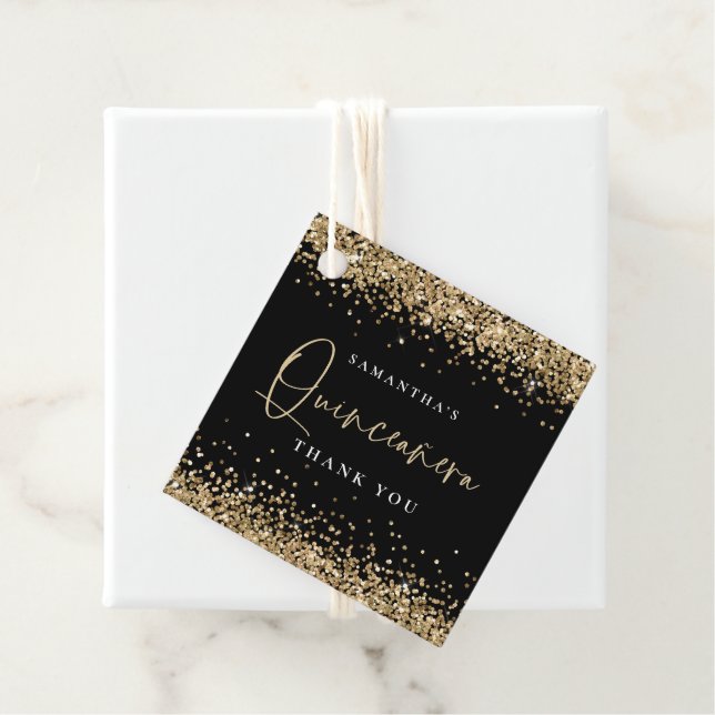 Étiquettes Cadeau Glam Gold Nom de la Parties scintillant Quinceañer (En situation)