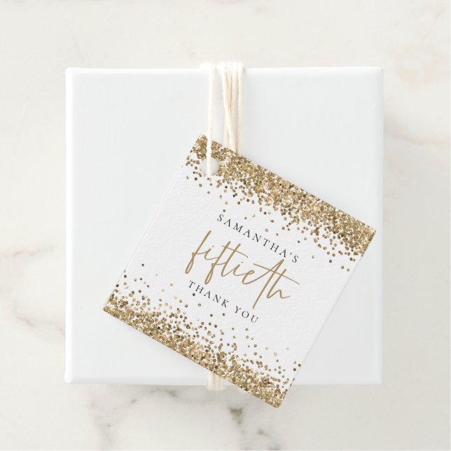 Étiquettes Cadeau Glam Gold Parties scintillant Cinquantième 50ème M (En situation)