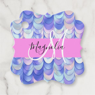 Étiquettes Cadeau Glam Iridescent Écailles de Sirène Monogramme Bleu