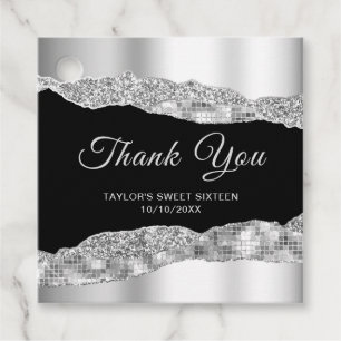 Étiquettes Cadeau Glam noir argenté Larmes Sweet sixteen Merci