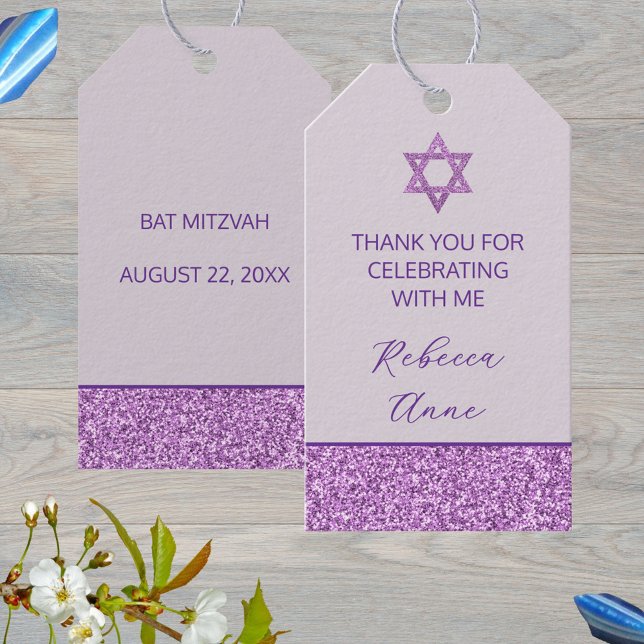 Étiquettes-cadeau Glam Purple mignet Merci Bat mitzvah (Add your own text to these purple glam Bat Mitzvah party favor tags)