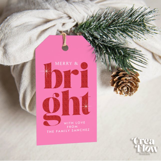 Étiquettes-cadeau Glam Red Sequin Joyeux et brillant Noël (Christmas gift tag with red sequin-like text `Merry and Bright´ on a Pink background. )