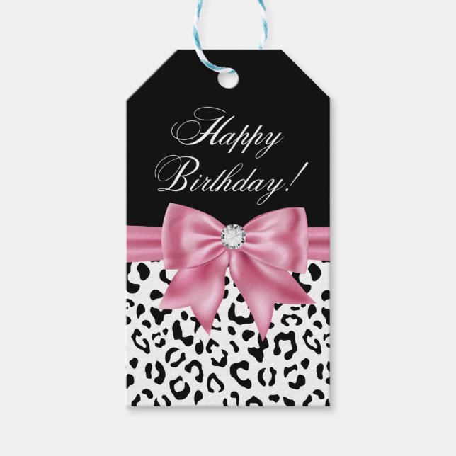 Étiquettes-cadeau Glam rose Bow Diamond Black Leopard Joyeux Anniver (Devant)