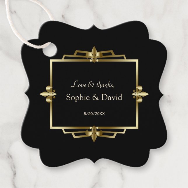 Étiquettes Cadeau Glam Royal Gold Black Art Déco Mariage des années  (Devant)