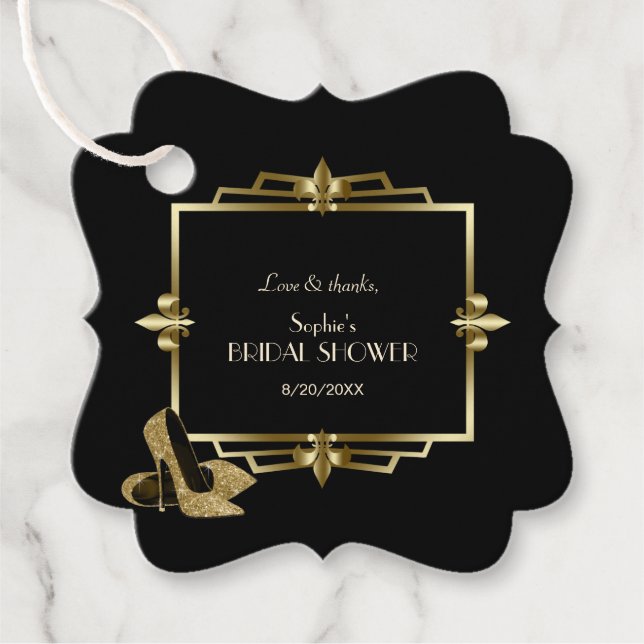 Étiquettes Cadeau Glam Royal Gold Black Art Déco Mariage des années  (Devant)