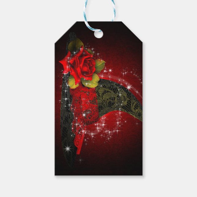 Étiquettes-cadeau Glam Witch Casquette Lacy Black & Red Sparkle Part (Devant)