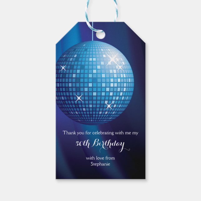 Étiquettes-cadeau Glamourous 50e anniversaire Blue Party Disco Ball (Devant)