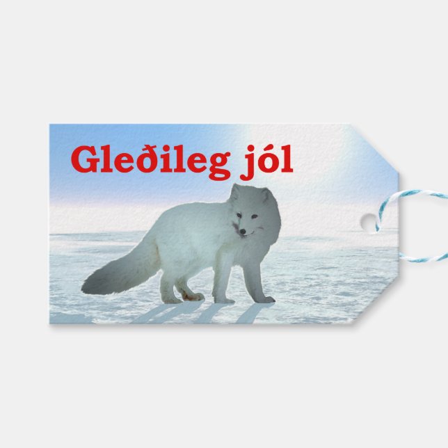 Étiquettes-cadeau Gleðileg Jól - Renard arctique (Devant (Horizontal))