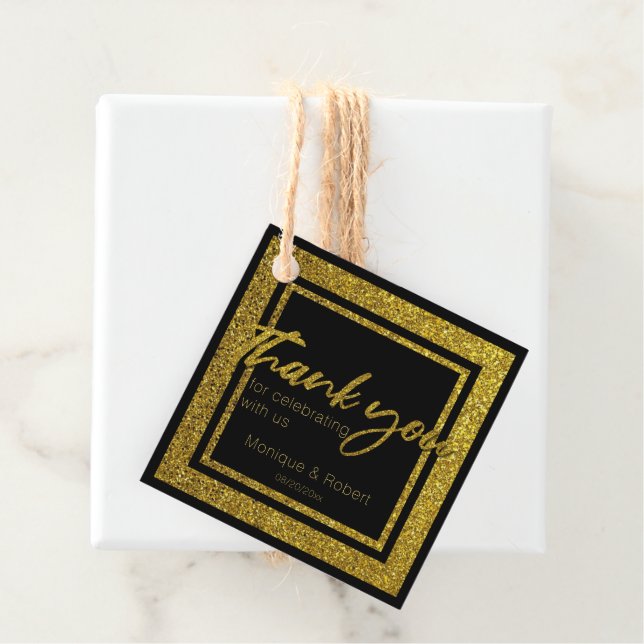 Étiquettes Cadeau Glittery Faux Gold et Black Merci Mariage (En situation)