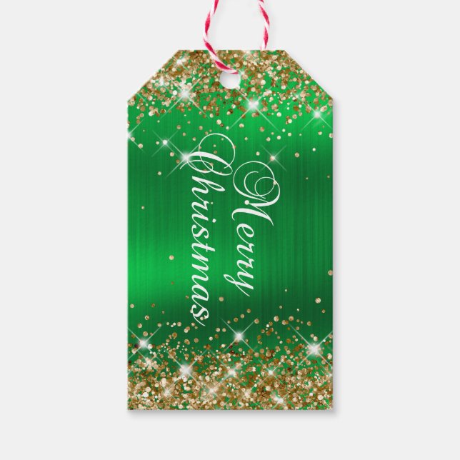 Étiquettes-cadeau Glittery Gold et Green Foil Joyeux Noël (Devant)