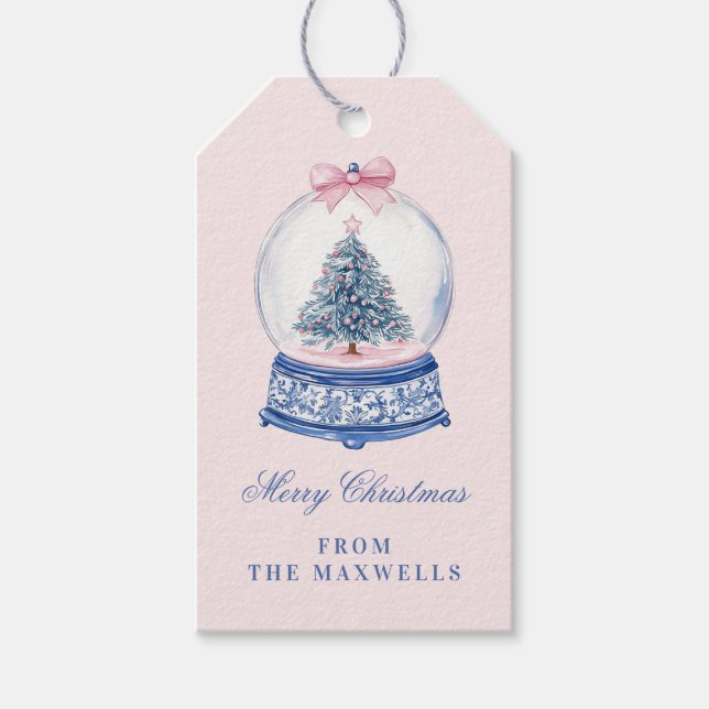 Étiquettes-cadeau Globe des neiges rose et bleu (Devant)