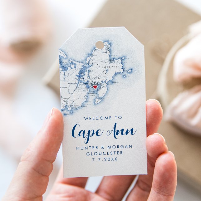 Étiquettes-cadeau Gloucester MA Élégant Mariage de marine moderne Fa (Gloucester MA Welcome to Cape Ann Wedding Favor Tag Gift Tag in navy blue from Coastal Map Designs)