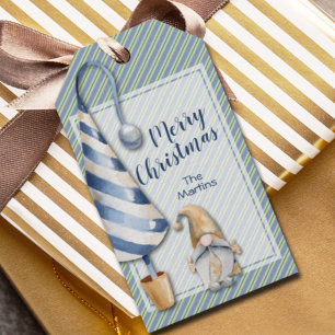 Étiquettes-cadeau Gnome de Noël sur Blue Stripes Merci de vacances