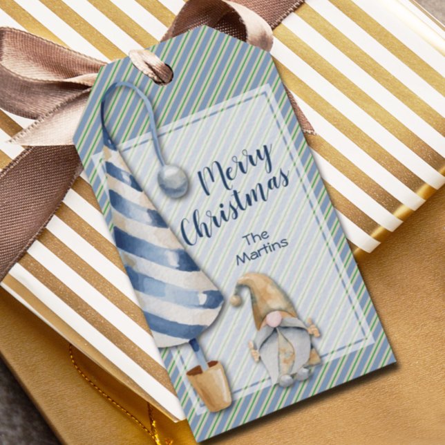Étiquettes-cadeau Gnome de Noël sur Blue Stripes Merci de vacances (Créateur téléchargé)