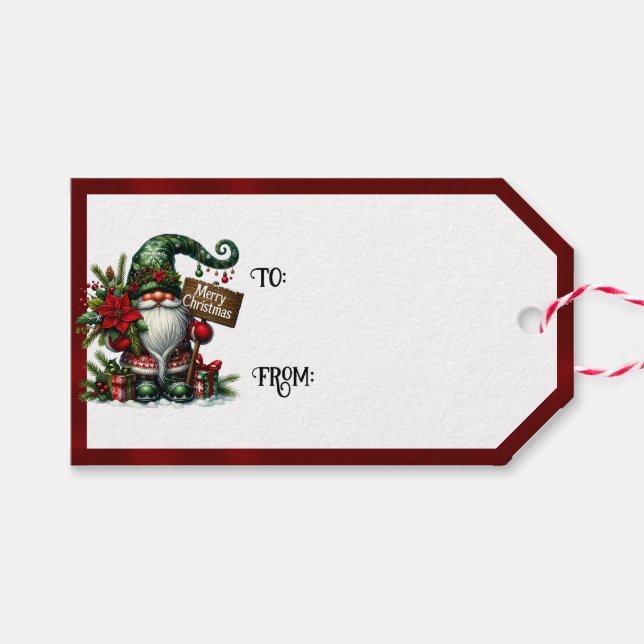 Étiquettes-cadeau Gnome Merry Christmas & Red Borders (Devant (Horizontal))