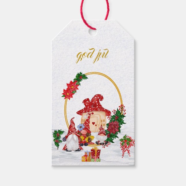 Étiquettes-cadeau God Jul Swedish Gnomes Red Family (Devant)