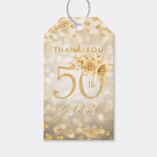 Étiquettes-cadeau Gold 50th Birthday Merci Lumières (Devant)
