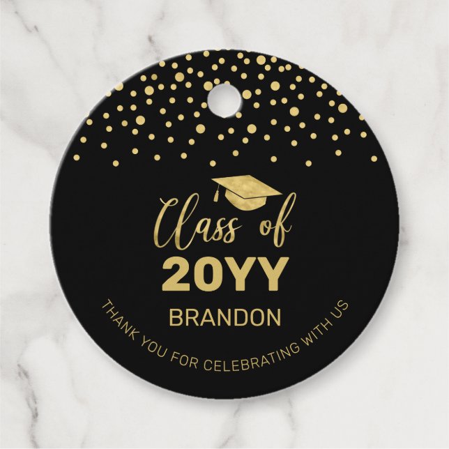 Étiquettes Cadeau Gold Black Confetti Graduation Party Photo (Devant)