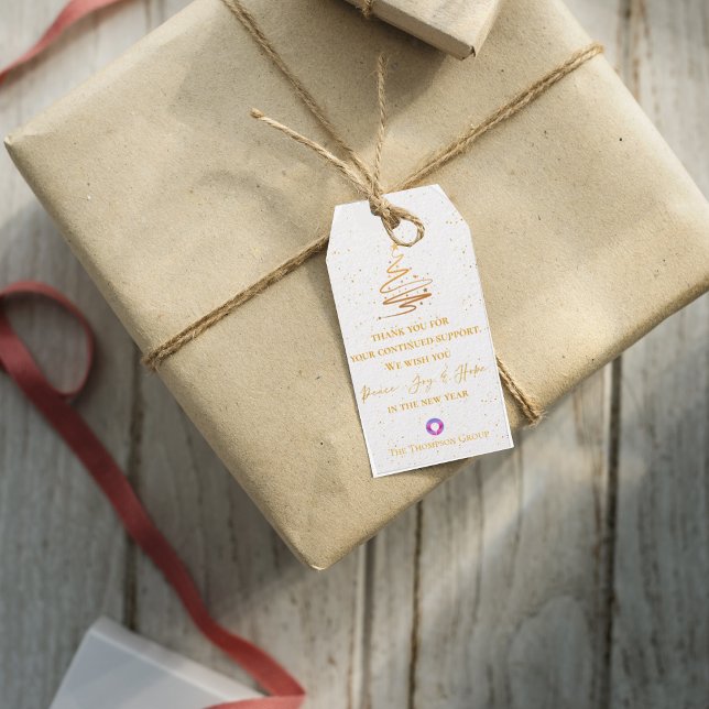 Étiquettes-cadeau Gold Christmas Tree Merci Message Entreprise (Gold Christmas Tree Thank You Message Corporate Gift Tags)