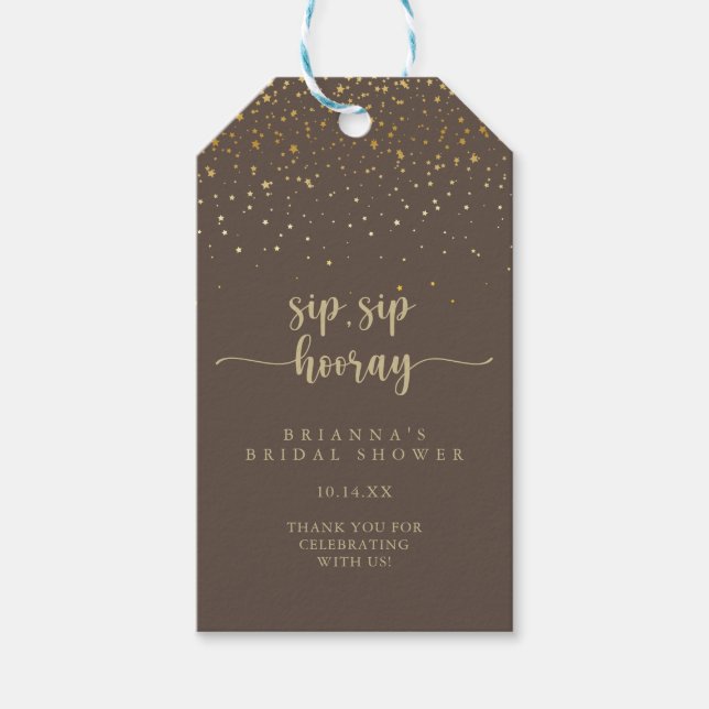 Étiquettes-cadeau Gold Confetti Brown Sip Sip Hooray Fête des mariée (Devant)