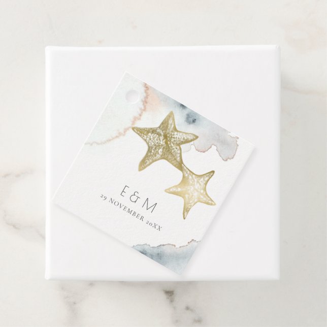 ÉTIQUETTES CADEAU GOLD DUSKY BLUE BEACHING STARFISH MONOGRAM MARIAGE (En situation)