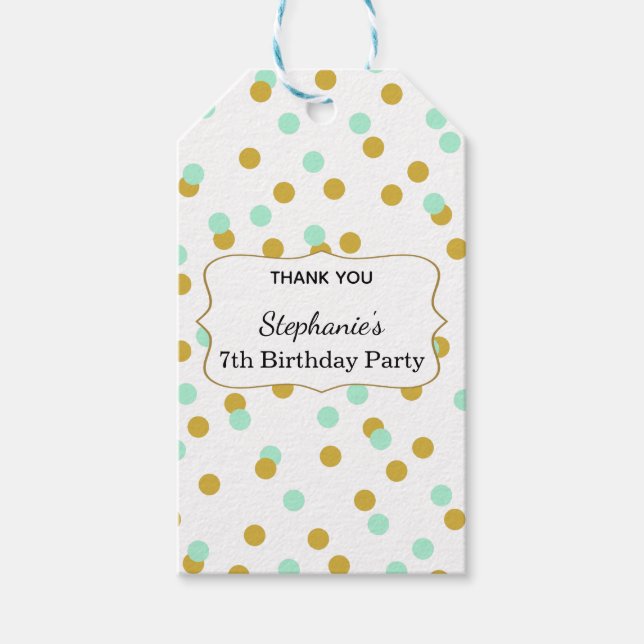 Étiquettes-cadeau Gold et Mint Green Confetti fête d'anniversaire (Devant)