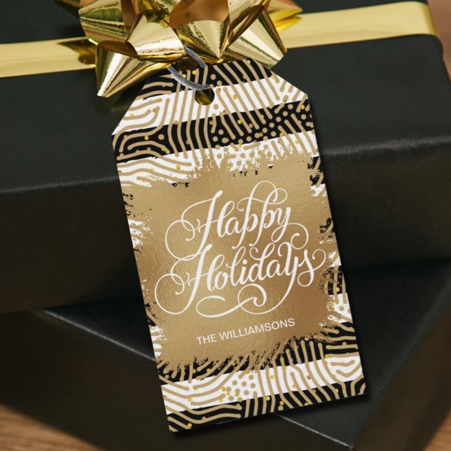 Étiquettes-cadeau Gold Faux Foil Black White Strips Holiday (Créateur téléchargé)