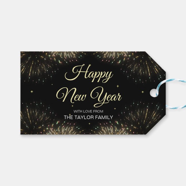 Étiquettes-cadeau Gold Fireworks 2024 Bonne année (Devant (Horizontal))