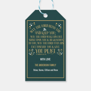 Étiquettes-cadeau Gold Green Christmas Blessing Numbers 6:24-26