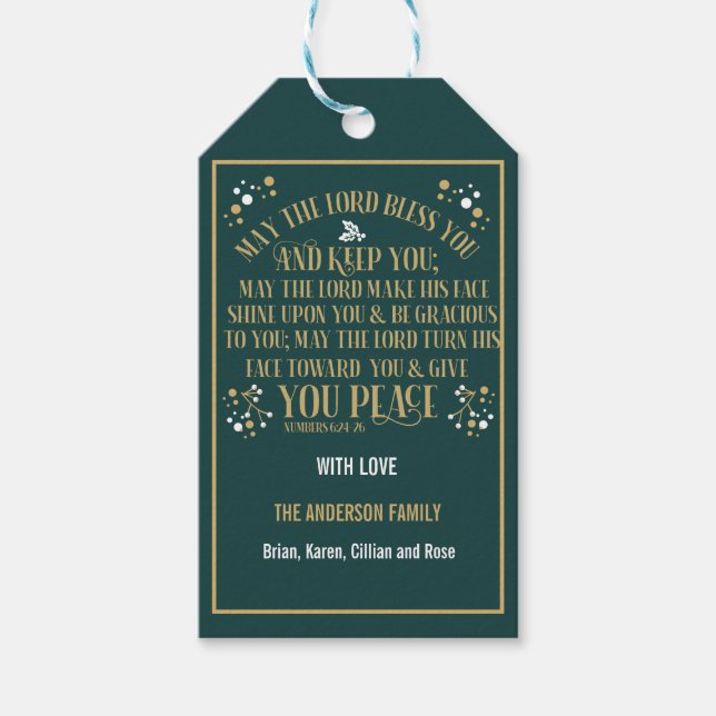 Étiquettes-cadeau Gold Green Christmas Blessing Numbers 6:24-26 (Devant)