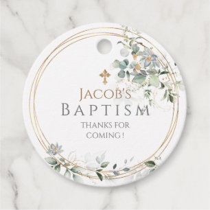 Étiquettes Cadeau Gold Green Eucalyptus Boy Baptism