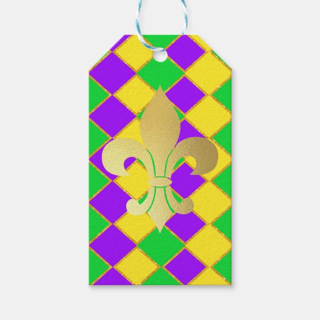 Étiquettes-cadeau Gold Green Mardi Gras Harlequin Motif (Devant)