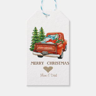 Étiquettes-cadeau Gold Heart, Red Truck Pine Trees Noël