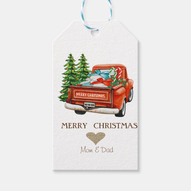 Étiquettes-cadeau Gold Heart, Red Truck Pine Trees Noël (Devant)