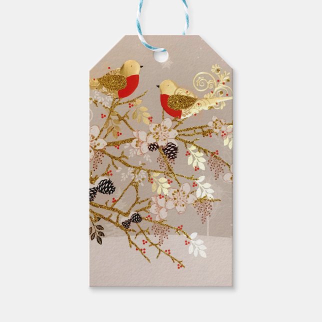 Étiquettes-cadeau Gold hiver Oiseaux de neige Pays Noël (Devant)