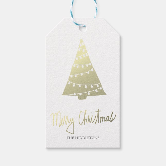 Étiquettes-cadeau Gold Joyeux Noël moderne Script Arbre de Noël (Devant)