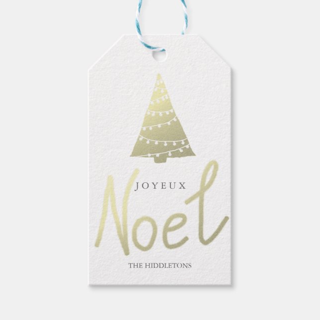 Étiquettes-cadeau Gold Joyeux Noel Script moderne Arbre de Noël (Devant)