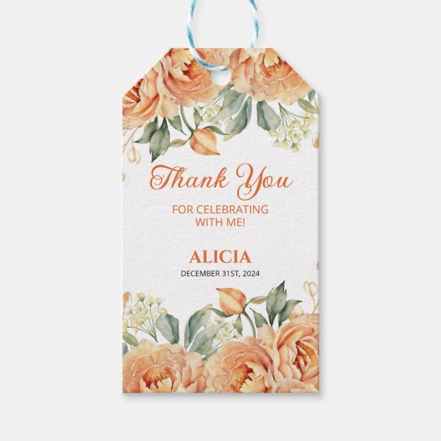 Étiquettes-cadeau Gold Leaf Orange Peony Rustic Floral Anniversaire (Devant)